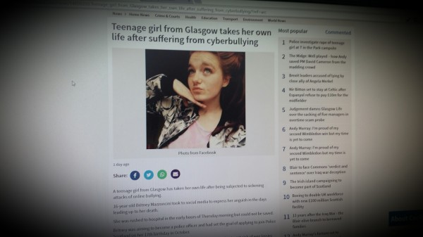 Teenage girl from Glasgow takes her own life after suffering from cyberbullying
