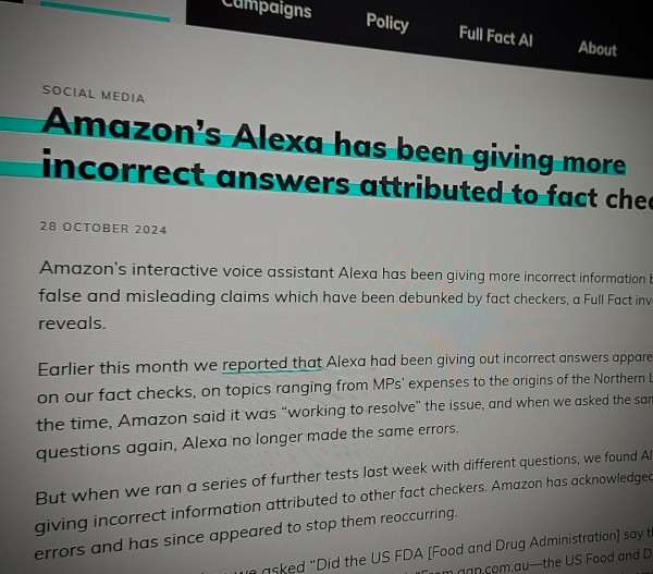 Amazon’s Alexa has been giving more incorrect answers attributed to fact checkers