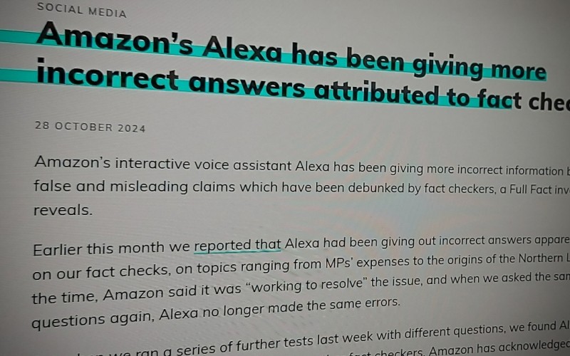 Amazon’s Alexa has been giving more incorrect answers attributed to fact checkers