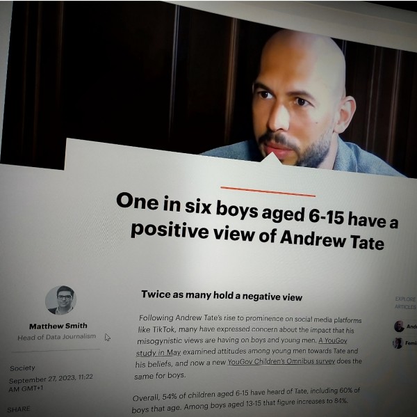 One in six boys aged 6-15 have a positive view of Andrew Tate